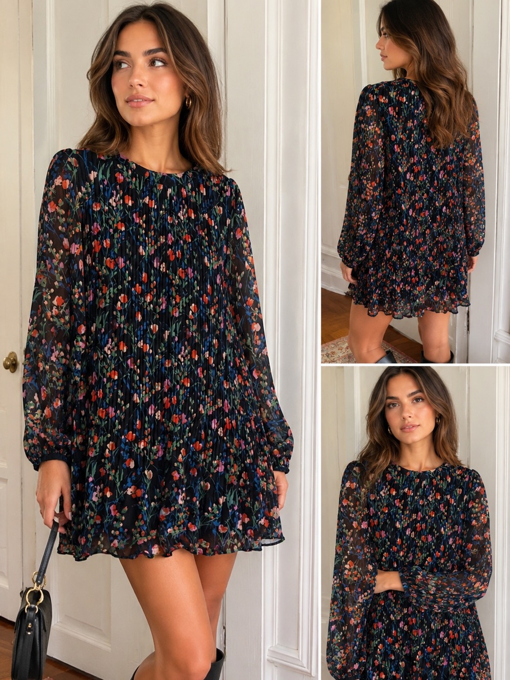 Zara Floral Pleated Mini Dress Long Sleeve Annie XL
